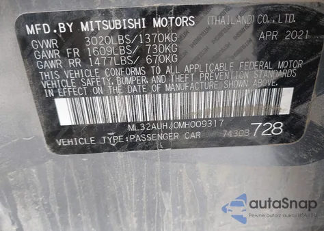 2021 Mitsubishi Mirage Carbonite Edition/Es/Le из США, поврежденный, VIN ML32AUHJ0MH009317
